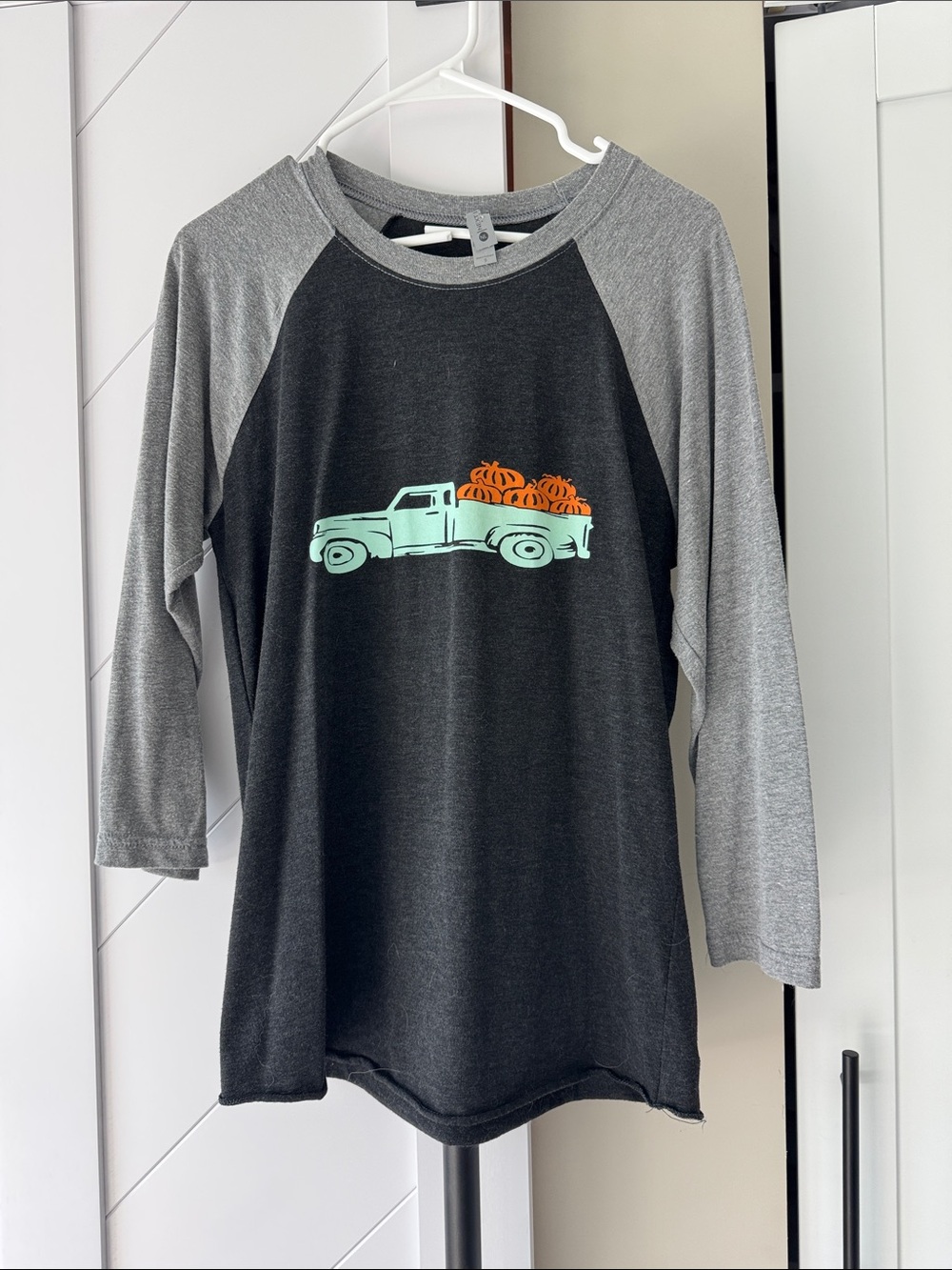 Girls' Black & Gray Raglan Shirt with Mint Truck and Orange Pumpkins